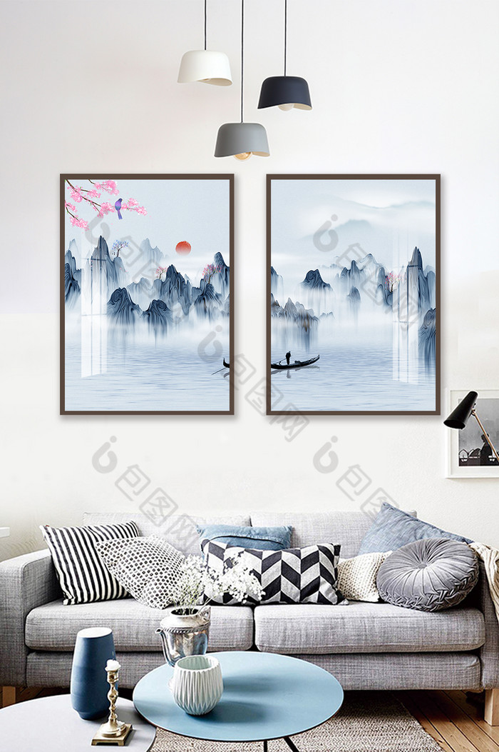 新中式手绘水墨山水客厅抽象装饰画图片图片