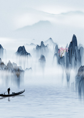 新中式手绘水墨山水客厅抽象装饰画