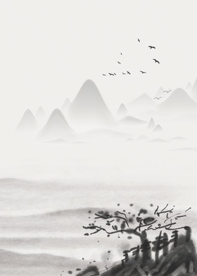 中国风水墨山水手绘意境客厅装饰画