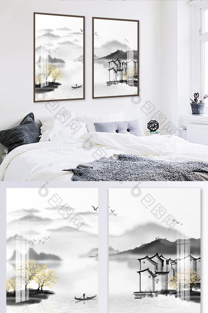 新中式水墨山水意境客厅装饰画-新中式水墨山水意境客厅装饰画效果图-【包图网】
