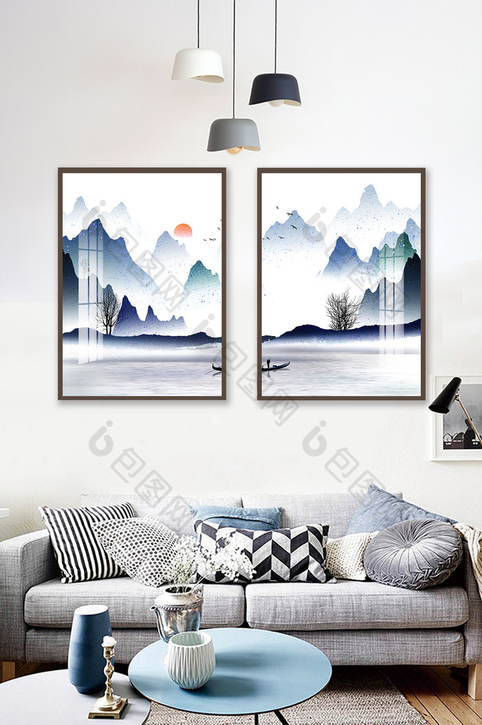 新中式蓝色水墨意境客厅装饰画图片图片