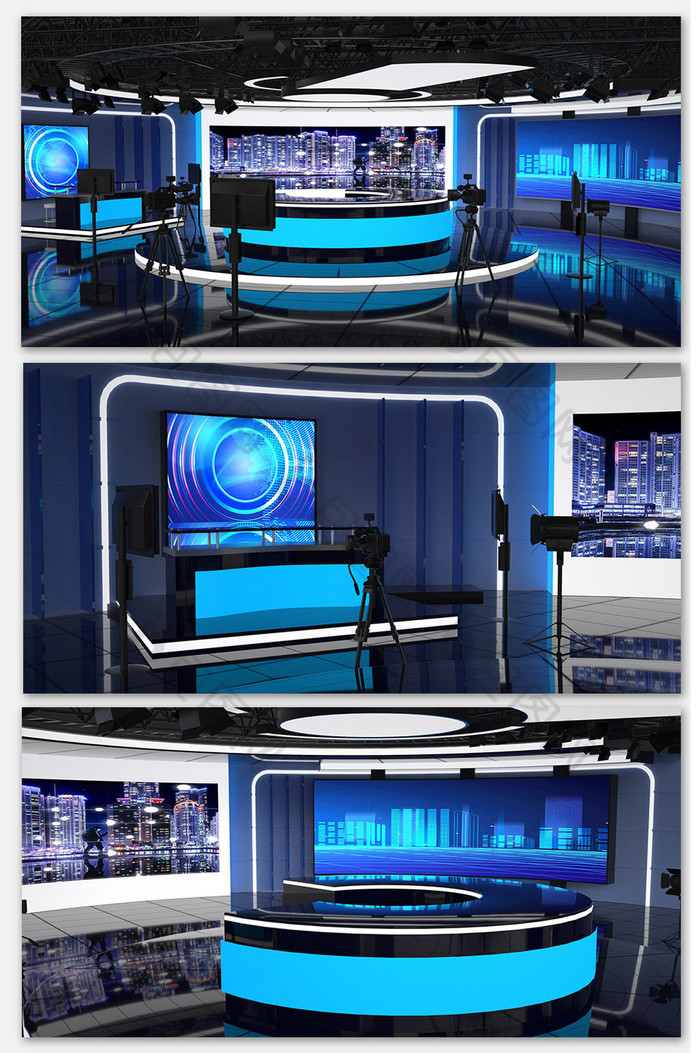 蓝色简约现代科技风格新闻演播室C4D场景图片图片