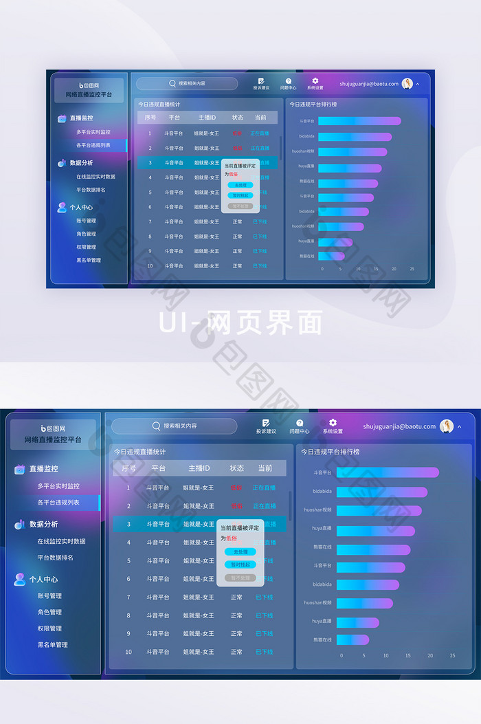 玻璃拟态模糊背景直播监管后台界面全套列表