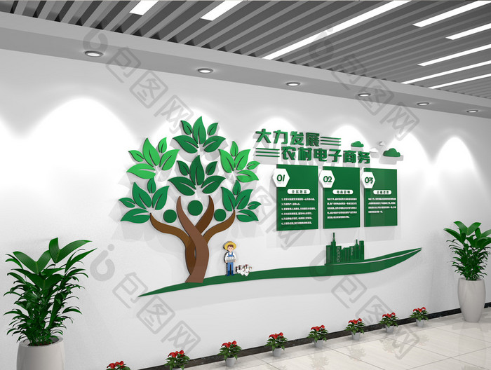 绿色卡通树木大力发展农村电子商务文化墙