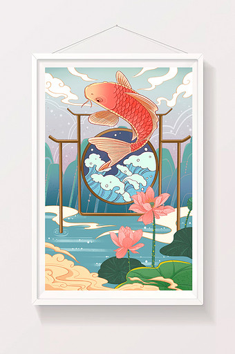 蓝紫色淡雅国风鲤鱼插画图片