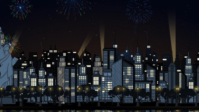卡通剪影夜晚城市烟花动画背景视频素材
