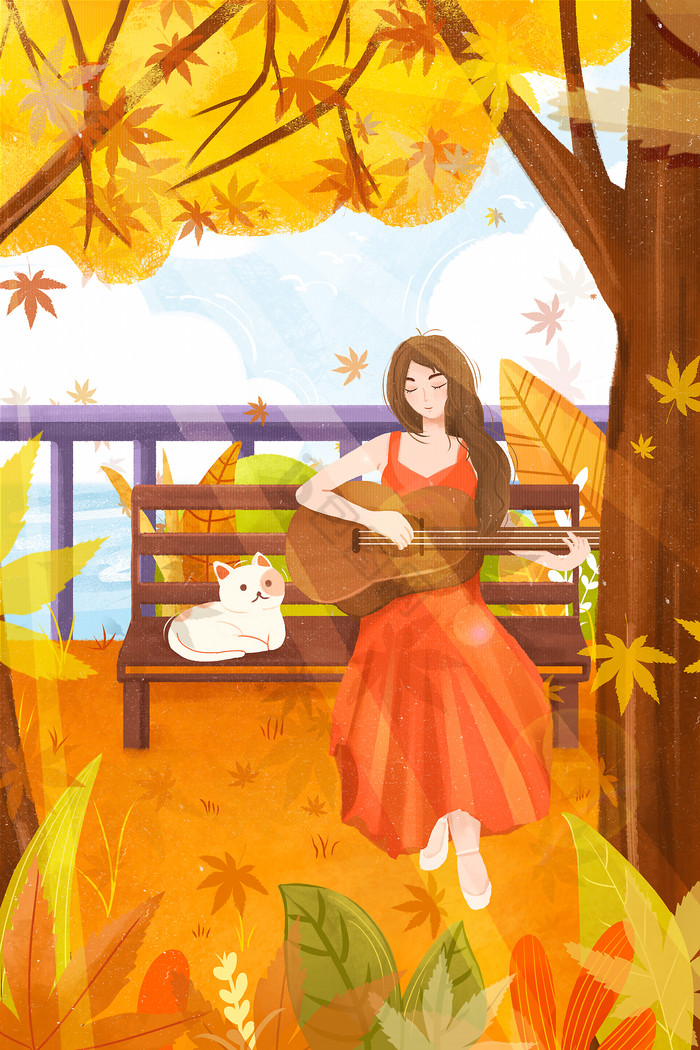 女孩弹吉他枫叶立秋节气插画图片