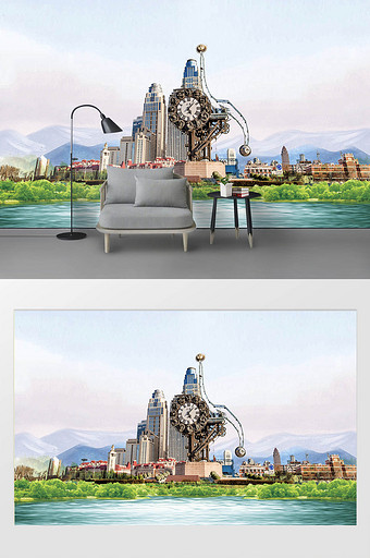 新现代简约油画水墨天津城市地标背景墙图片