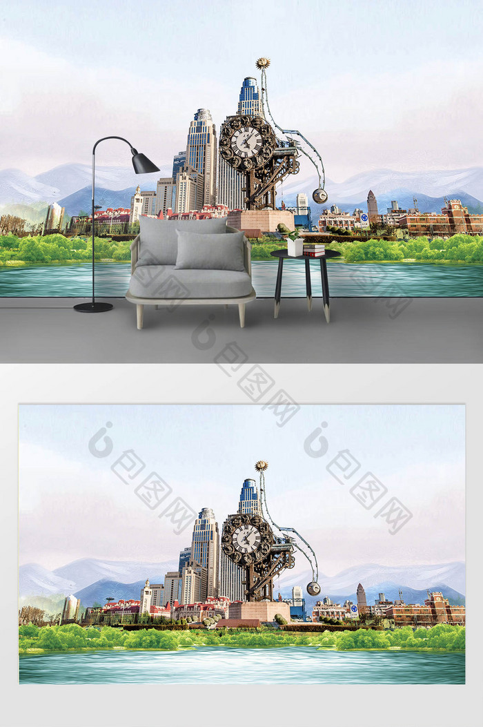 新现代简约油画水墨天津城市地标背景墙