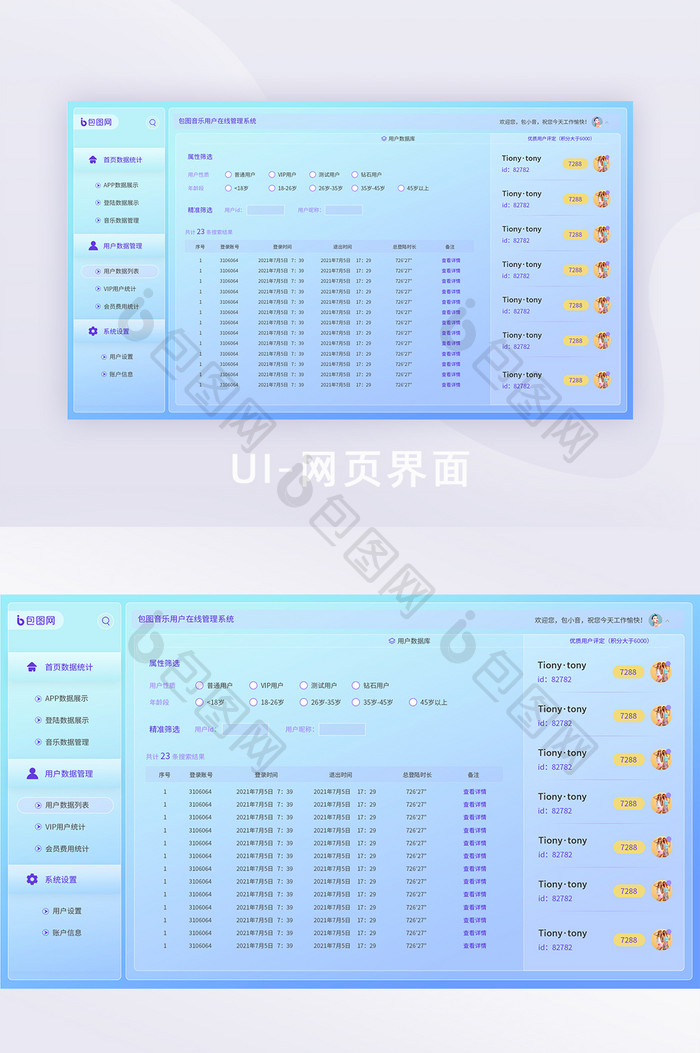 玻璃拟态彩色音乐后台统计网站界面用户数据