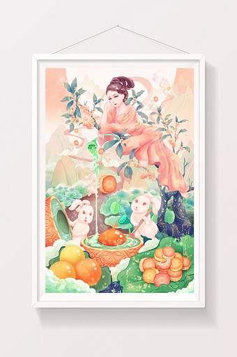 月饼蛋黄桂树中秋人物仙女嫦娥兔子荷叶插画图片