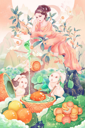 月饼蛋黄桂树中秋人物仙女嫦娥兔子荷叶插画