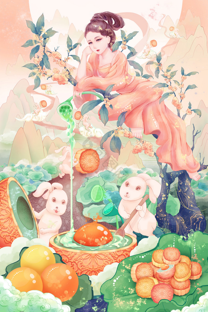 月饼蛋黄桂树中秋人物仙女嫦娥兔子荷叶插画图片