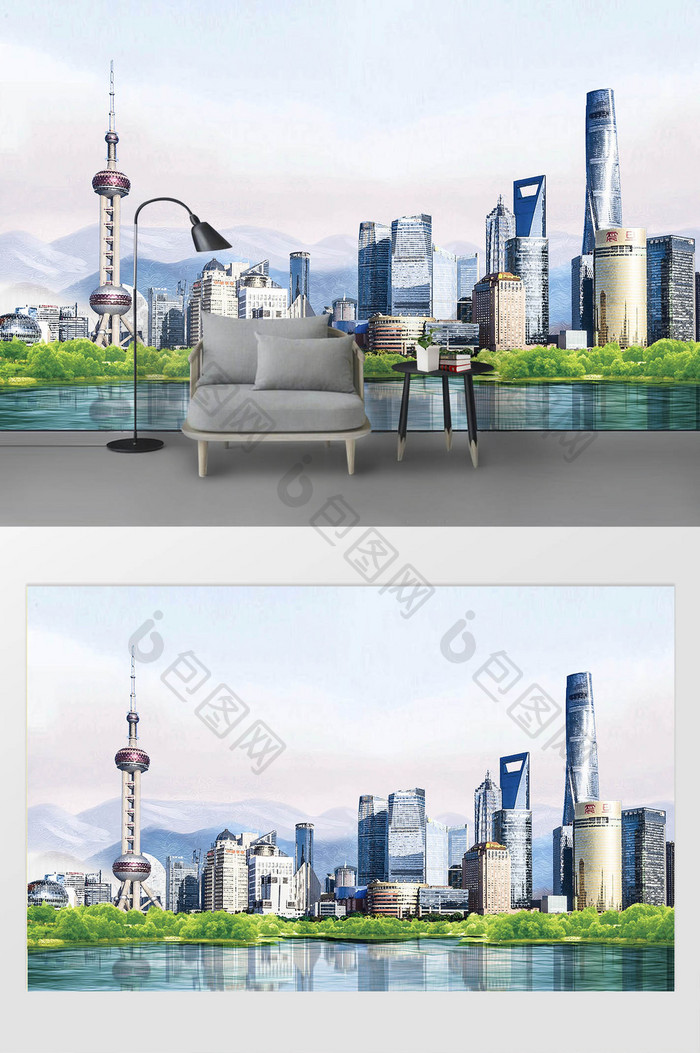 新现代简约油画水墨上海市城市地标背景墙