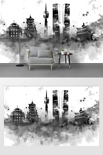 新现代黑白水墨手绘西安市城市地标背景墙图片