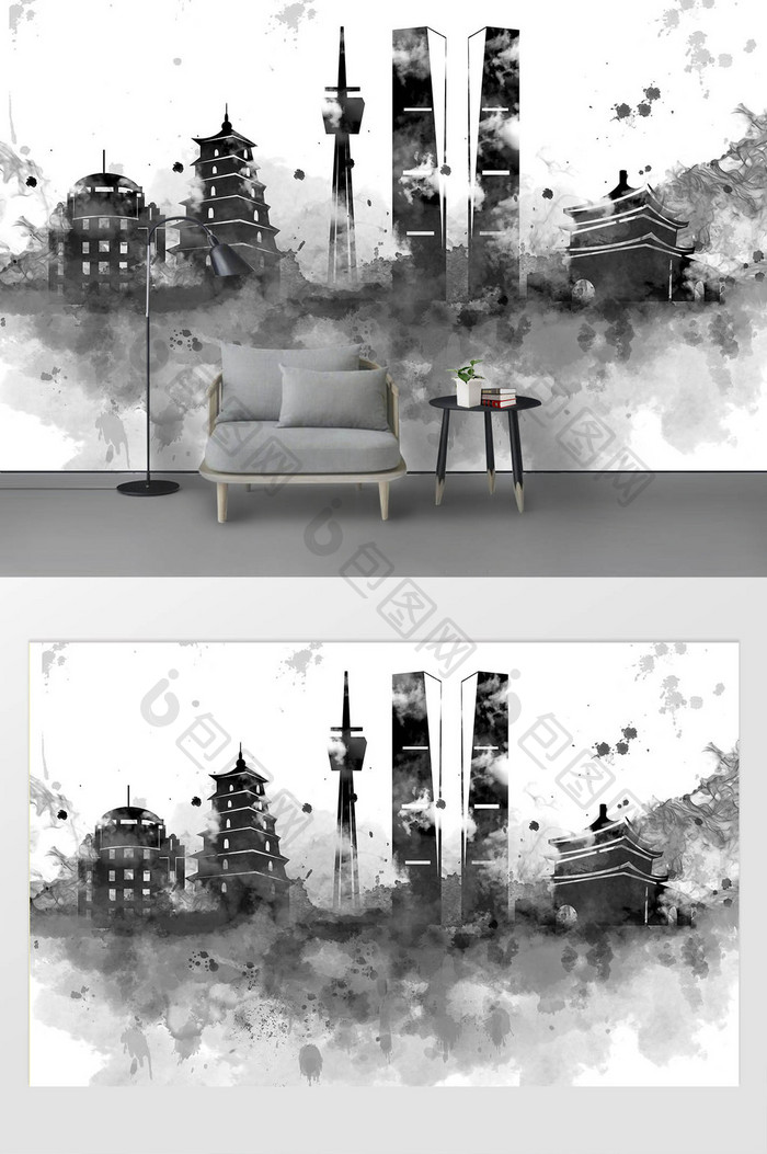 新现代黑白水墨手绘西安市城市地标背景墙