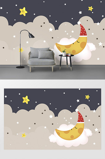卡通金色月亮表情星星儿童房装饰背景墙图片