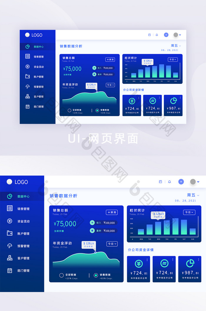 蓝色销售数据管理可视化后台系统网页界面