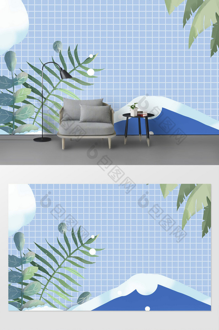 夏季植物风格蓝色背景墙