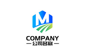 字母M几何组合蓝绿色渐变通用logo