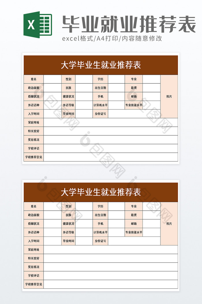 大学毕业生就业推荐表excel模板