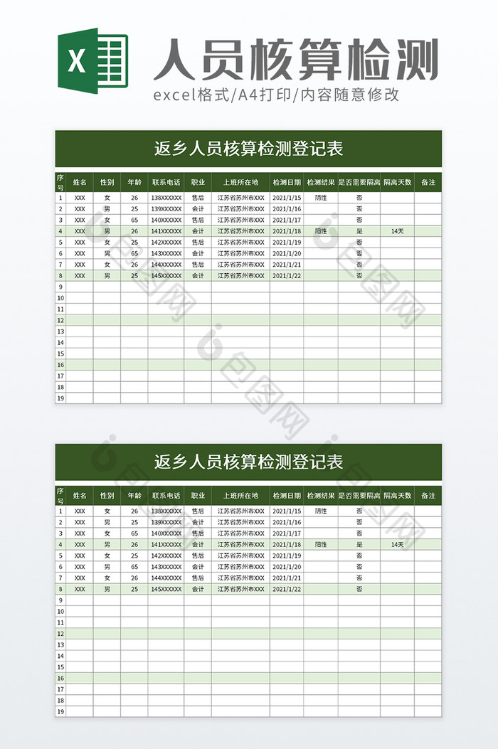 返乡人员核算检测登记表excel模板