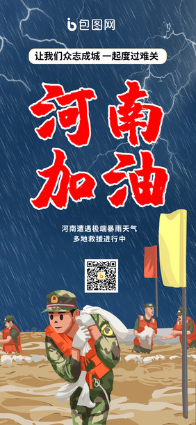 河南暴雨抗洪救灾河南加油手绘手机海报