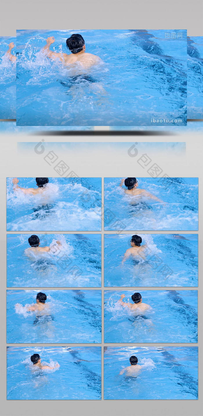 男人在游泳池游泳背影实拍