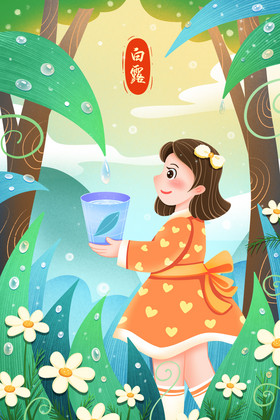 白露节气接露水的女孩插画