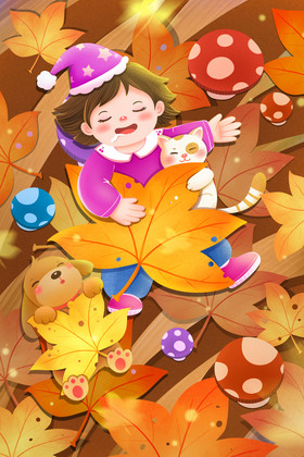 秋分落叶中睡觉的女孩和宠物插画