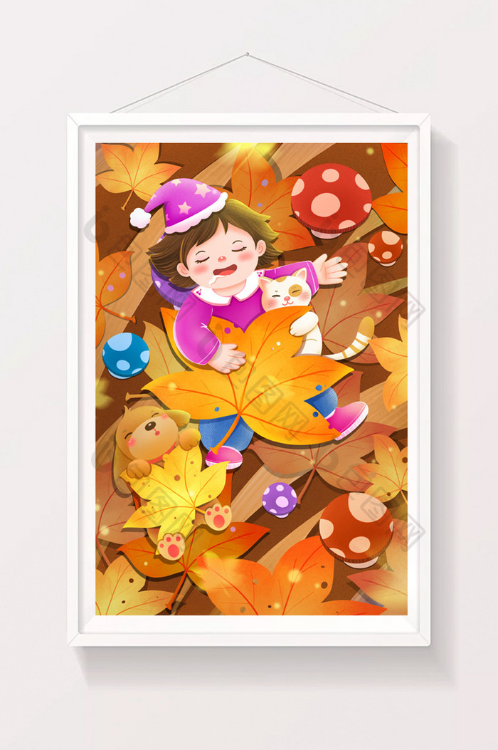 秋分落叶中睡觉的女孩和宠物插画