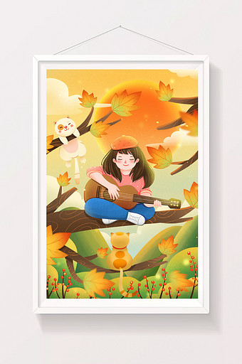 秋分在树上弹吉他的女孩和猫咪插画图片