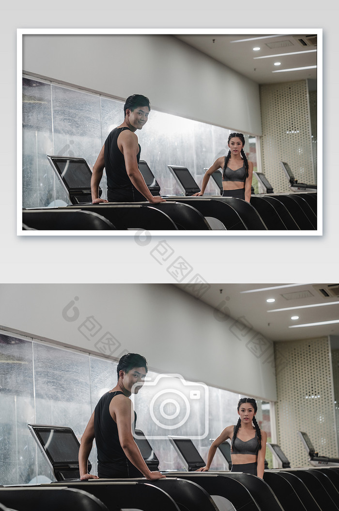 男女生健身房跑步机休息摄影图片