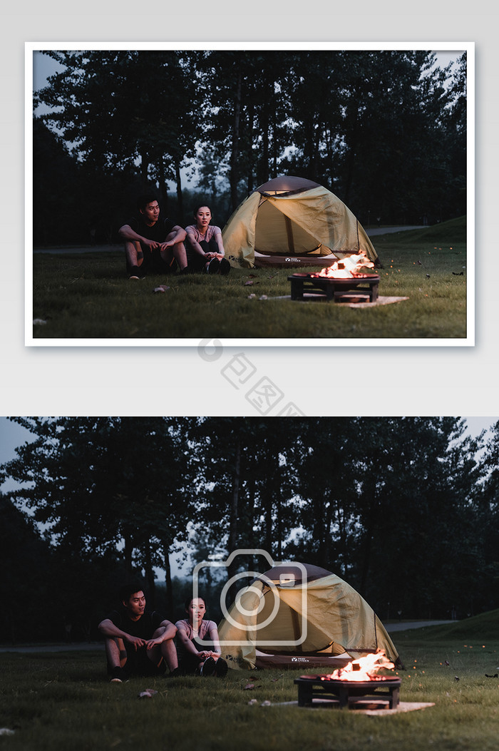 男女生野外露营摄影图片