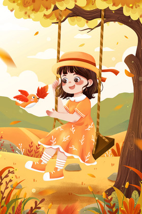 二十四节气秋分荡秋千女孩与鸟秋天插画图片