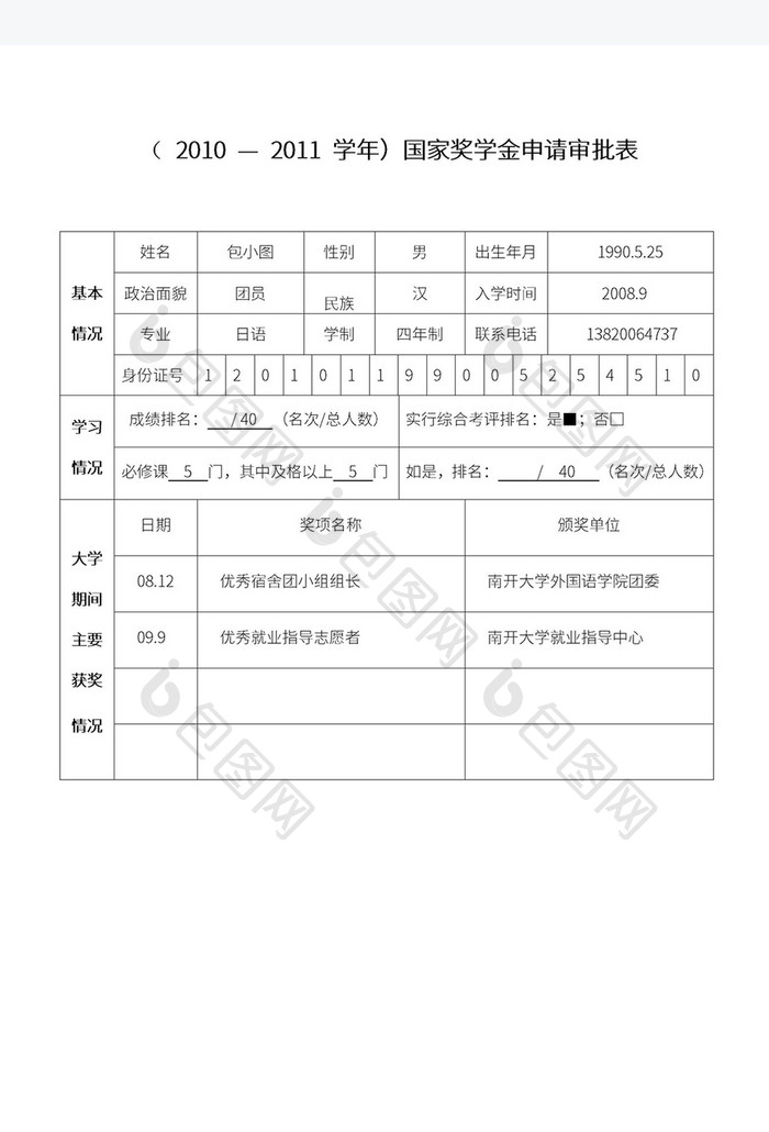 奖学金申请审核表Word模板