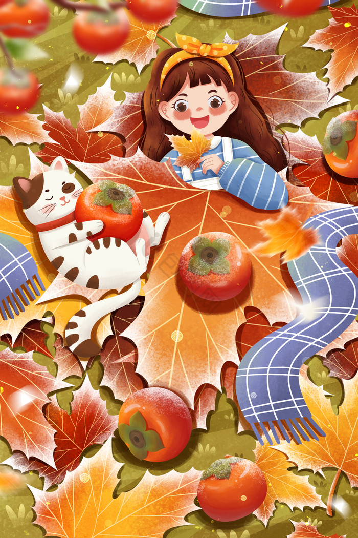 二十四节气霜降落叶丛睡觉女孩与猫柿子插画图片