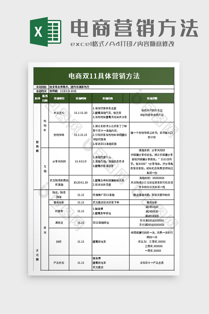 电商双11具体营销方法excel模板