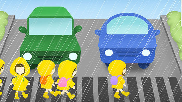 易用卡通插画类mg动画雨天学生排队过马路