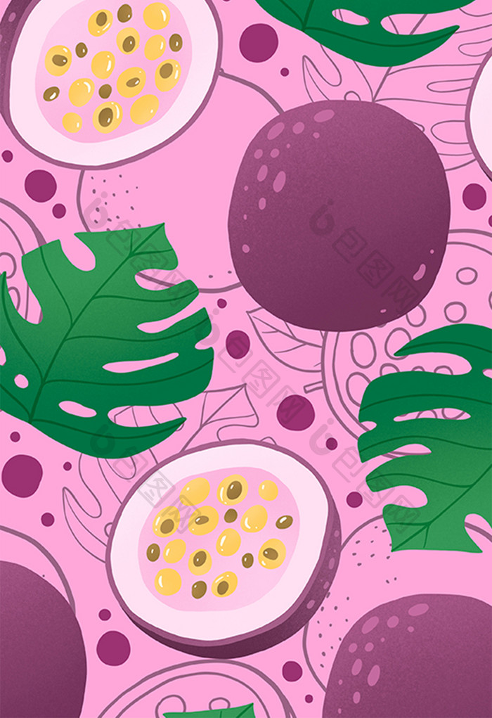 紫色百香果热带水果饮品插画