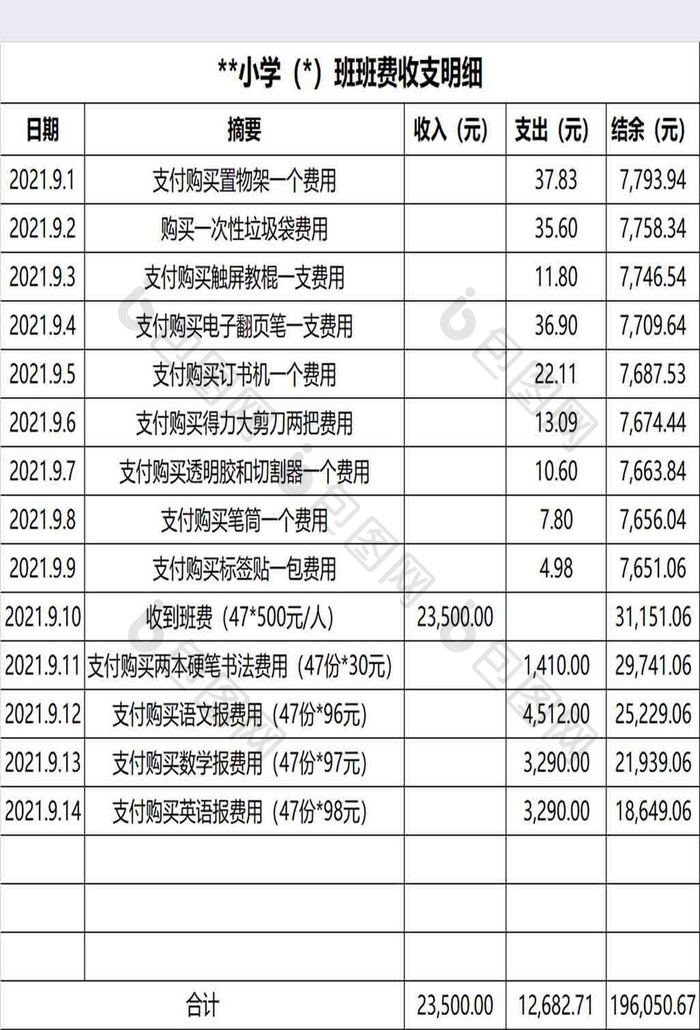 班费收支明细Excel模板