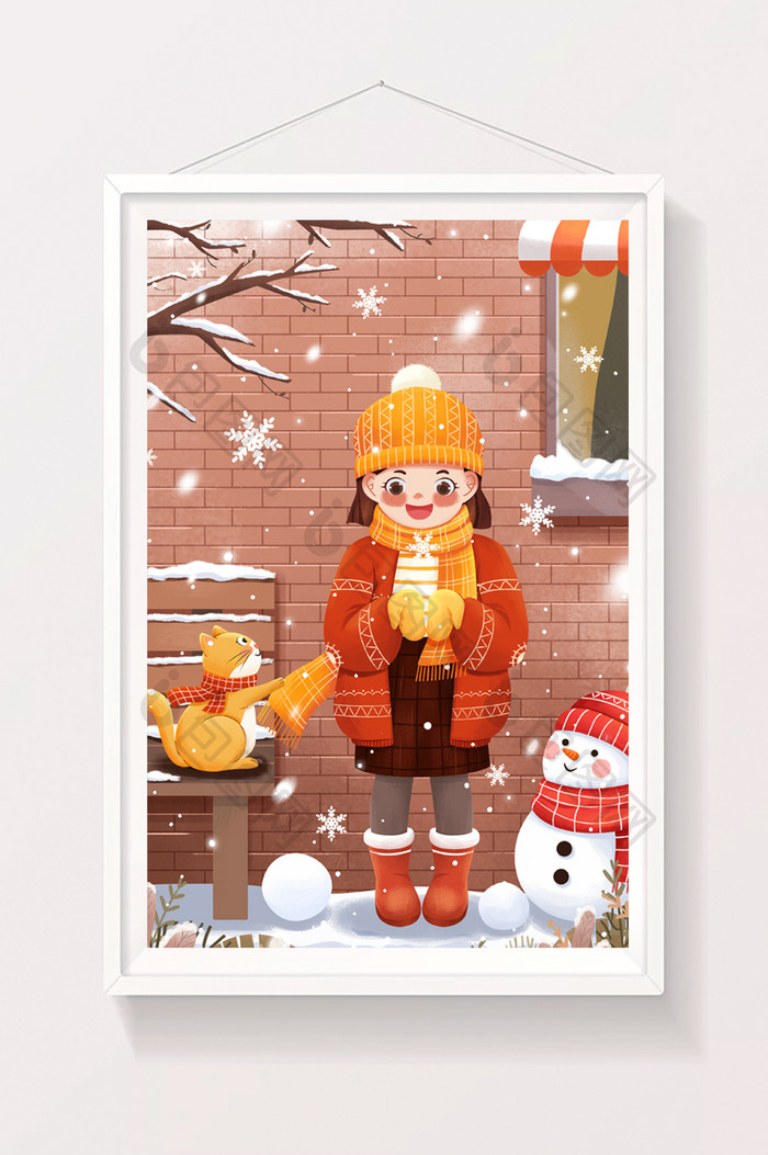 二十四节气小雪女孩与猫雪人雪地冬季插画