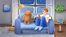 小雪宅家的男生和狗狗插画