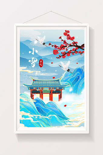 唯美中国风国潮山水建筑小雪插画图片
