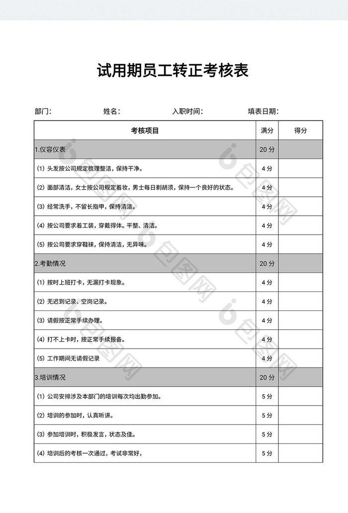 试用期员工转正考核表word模板