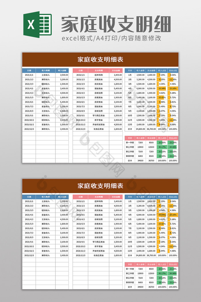 家庭收支明细表excel模板