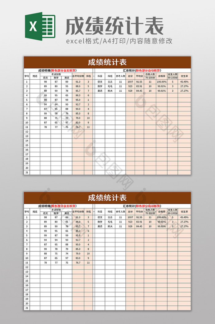 成绩统计表excel模板