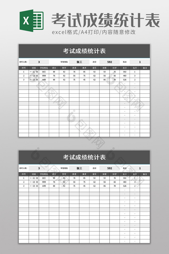 考试成绩统计表excel模板