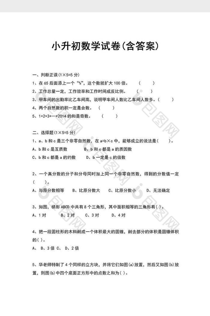 小升初数学试卷word模板