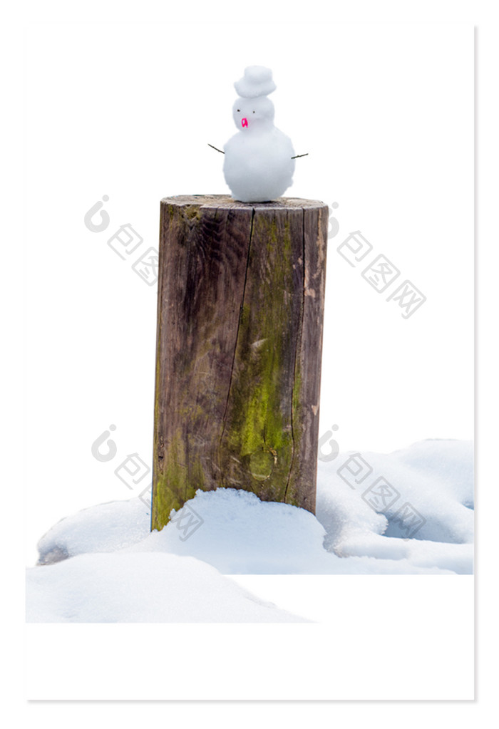 写实雪树桩雪地里小雪人雪景真实